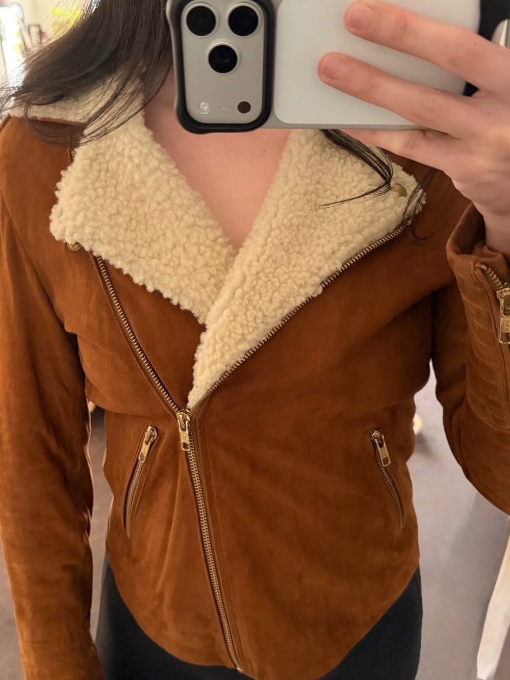 Sézane Suede Bomber Jacket Shearling Collar